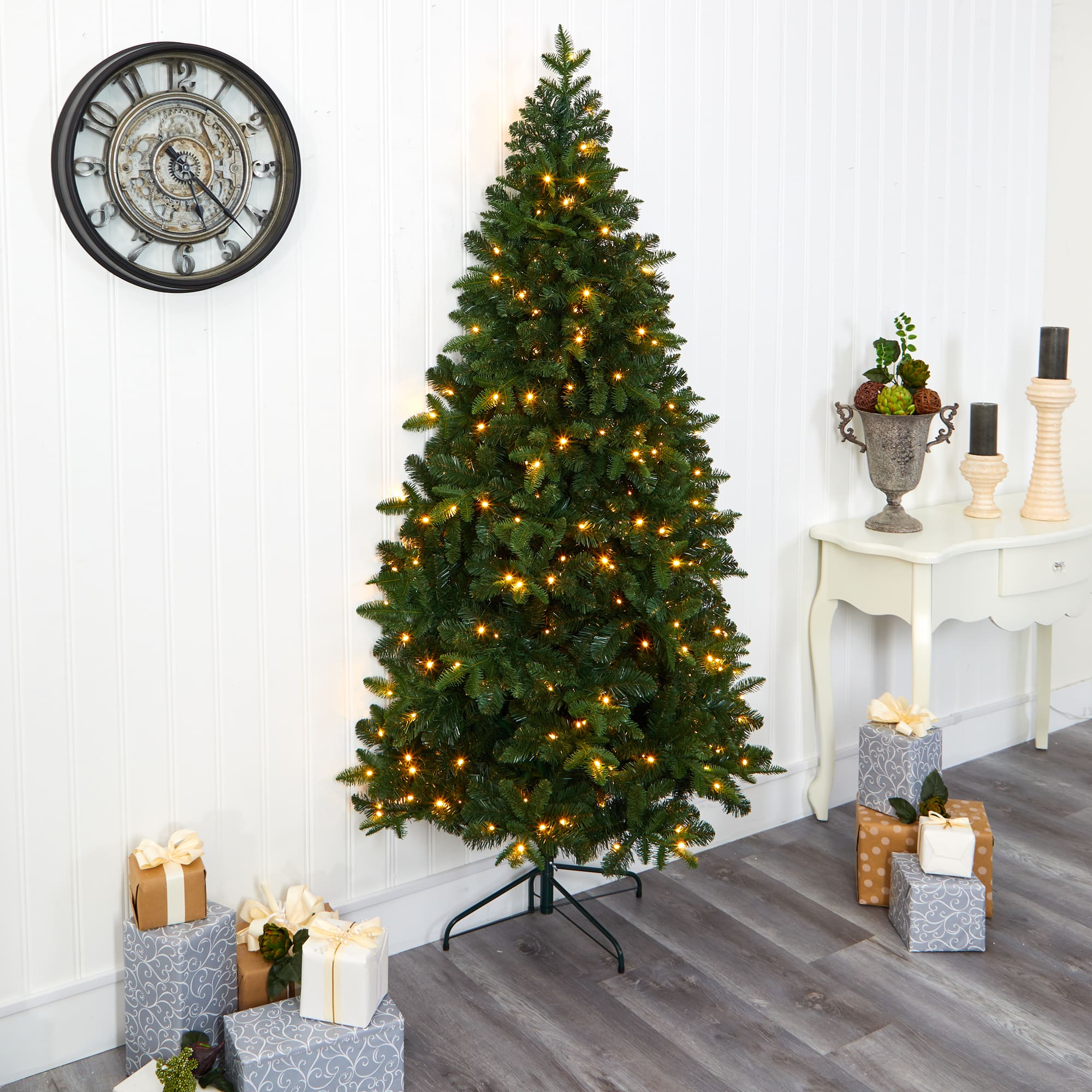 7ft. Pre-Lit Grand Teton Spruce Flat Back Artificial Christmas Tree, Clear LED Lights